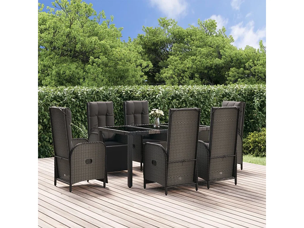Cisternino  Ensemble à manger jardin et coussins 7 pcs Noir et gris Rotin