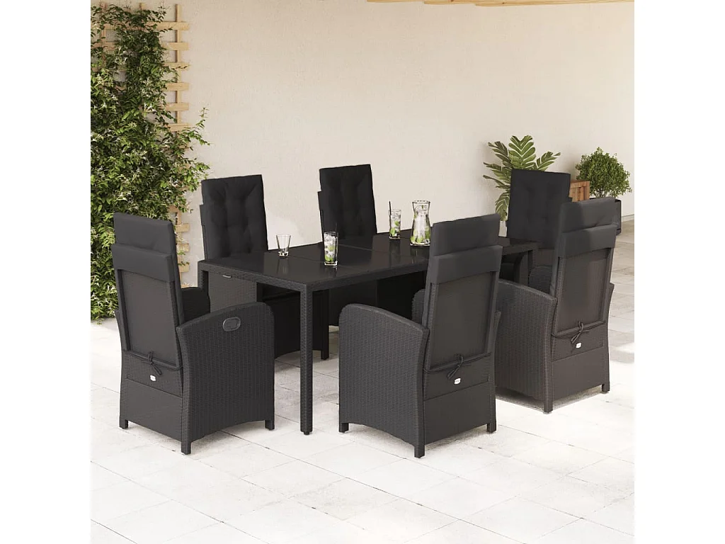 Vinkel  Ensemble à manger de jardin coussins 7pcs Noir Résine tressée