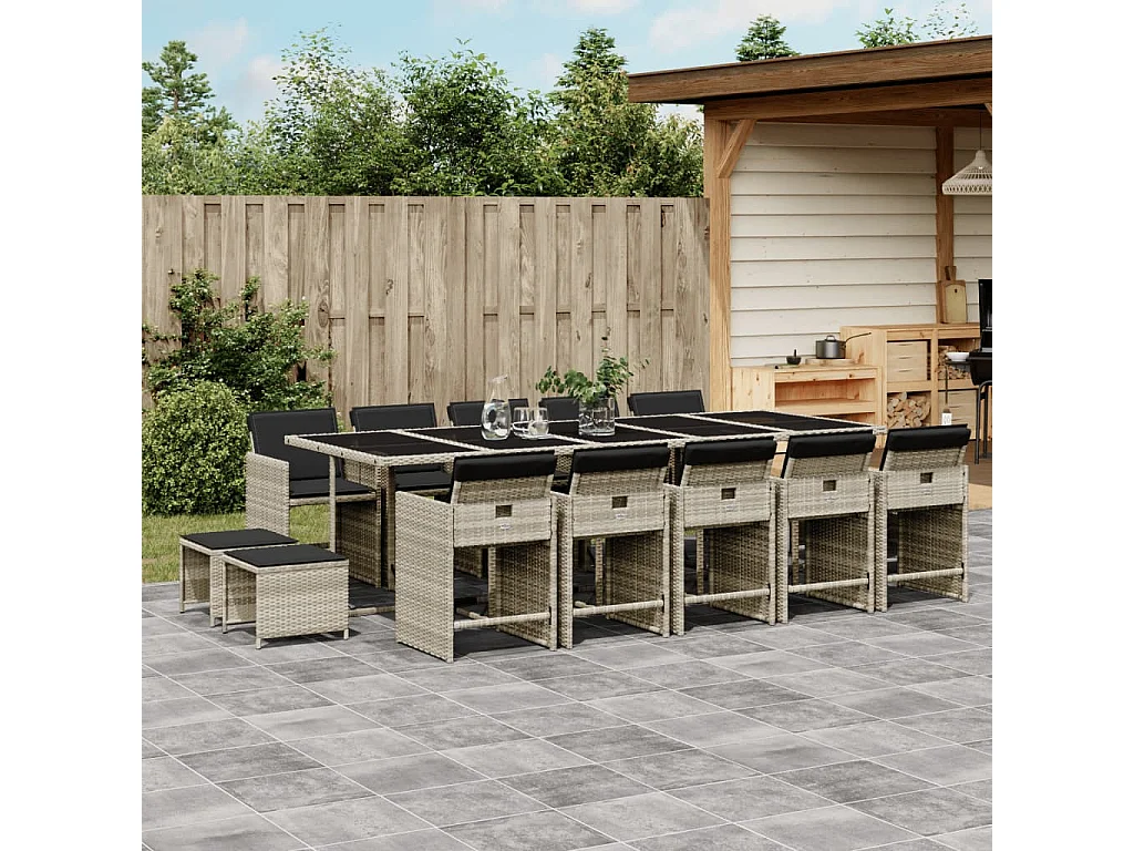 Enfield  Ensemble à manger de jardin et coussins 15 pcs gris clair rotin