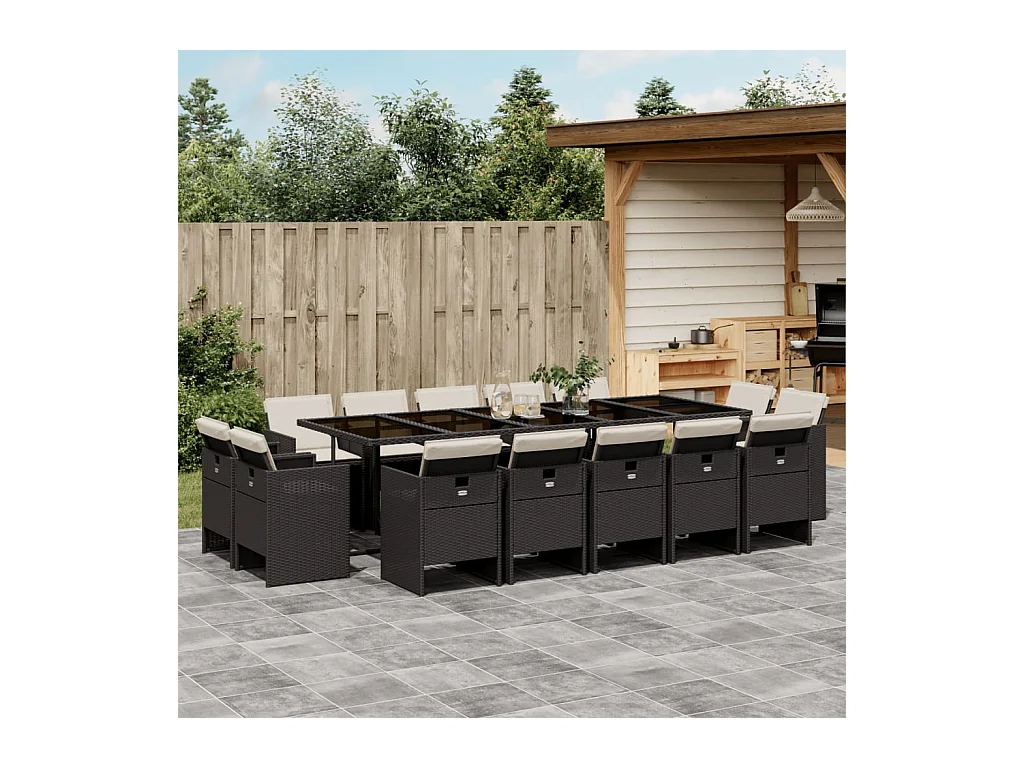 Jeroen  Ensemble à manger de jardin 15 pcs coussins noir résine tressée