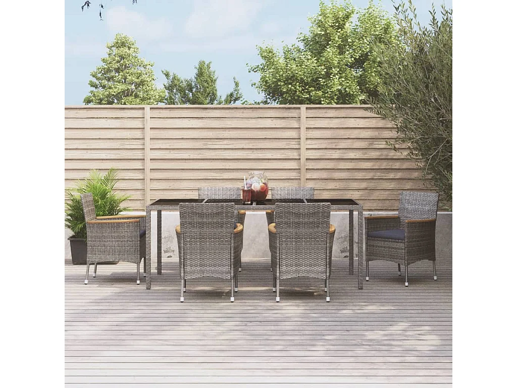 Garden Furniture -  Ensemble à manger jardin et coussins 7 pcs gris rotin
