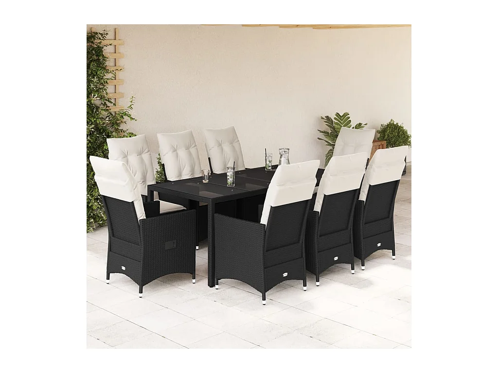 Elm Grove  Set de comedor de jardín 9 pzas y cojines ratán sintético negro
