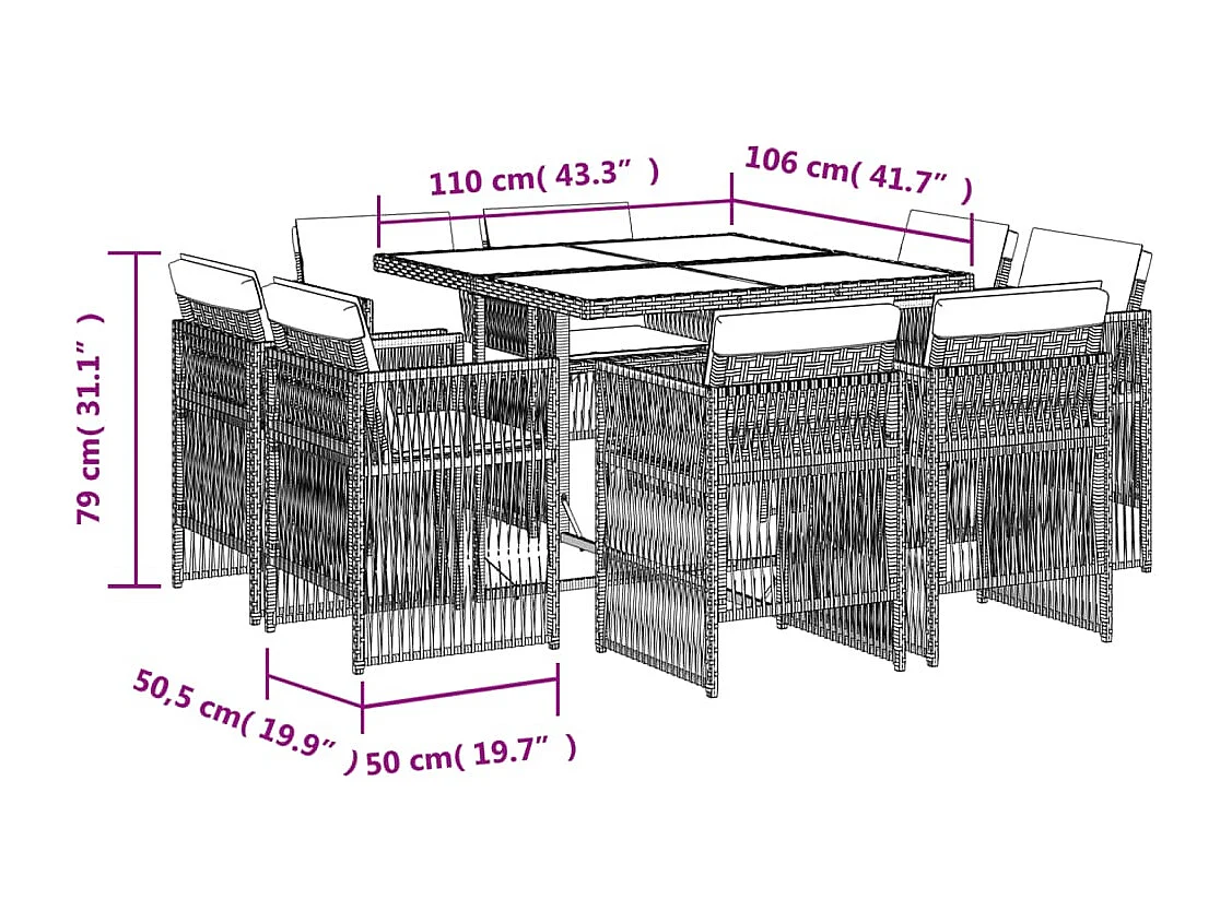 Steenbergen  Ensemble à manger de jardin et coussins 9 pcs gris clair rotin