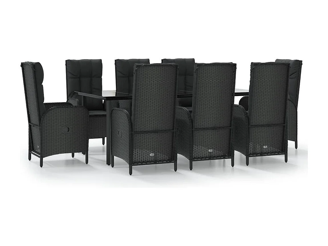 De Haan  Ensemble à manger jardin 9pcs et coussins noir résine tressée