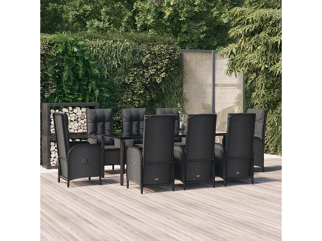 De Haan  Ensemble à manger jardin 9pcs et coussins noir résine tressée