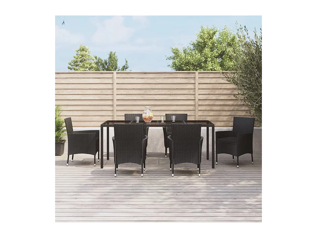 Niels-Jan  Ensemble à manger de jardin coussins 7pcs Noir Résine tressée