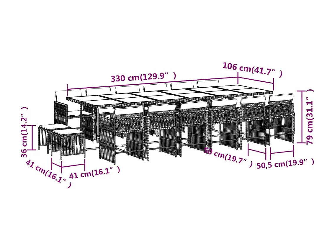 Laura Lucía  Ensemble à manger de jardin 17 pcs coussins noir résine tressée