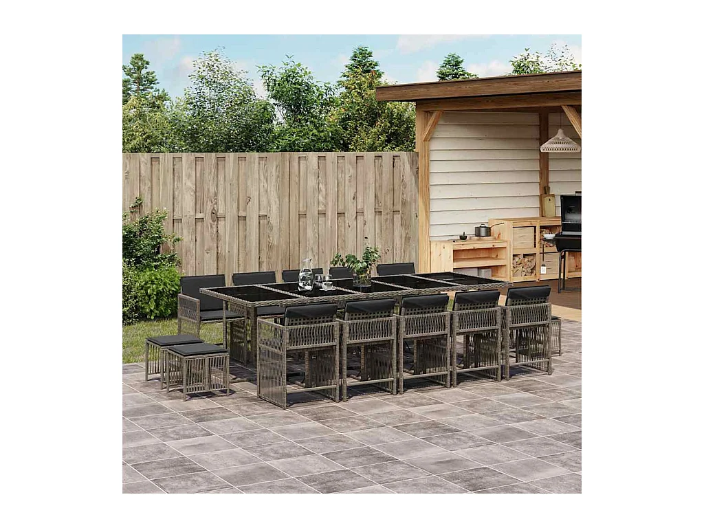 Laura Lucía  Ensemble à manger de jardin 15 pcs coussins gris résine tressée