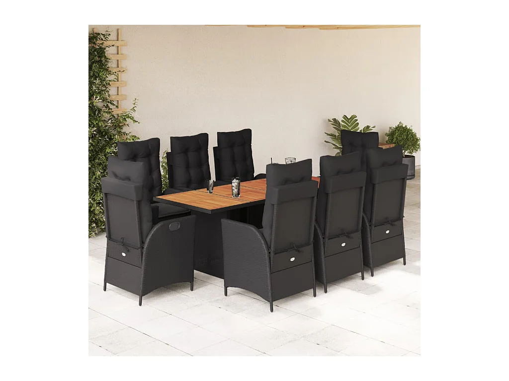 La Palma  Ensemble à manger de jardin 9pcs coussins noir résine tressée