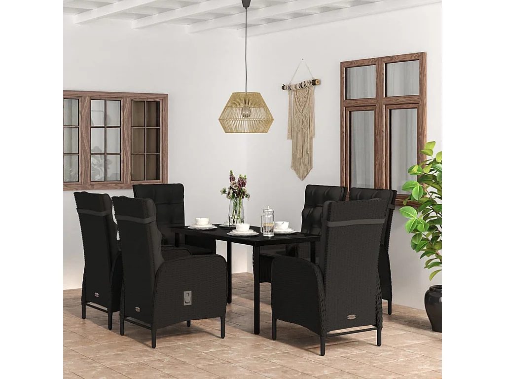 Eliseo  Juego de comedor de jardín 7 piezas con cojines negro