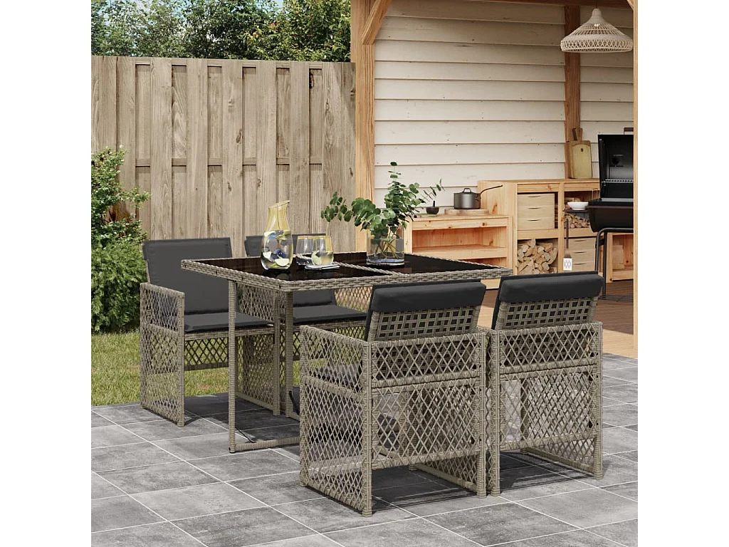 Connersville  Ensemble à manger de jardin 5 pcs coussins gris résine tressée