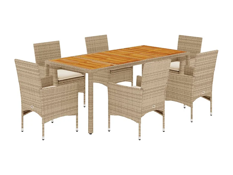 Les Mureaux  Ensemble à manger de jardin et coussins 7pcs beige rotin acacia