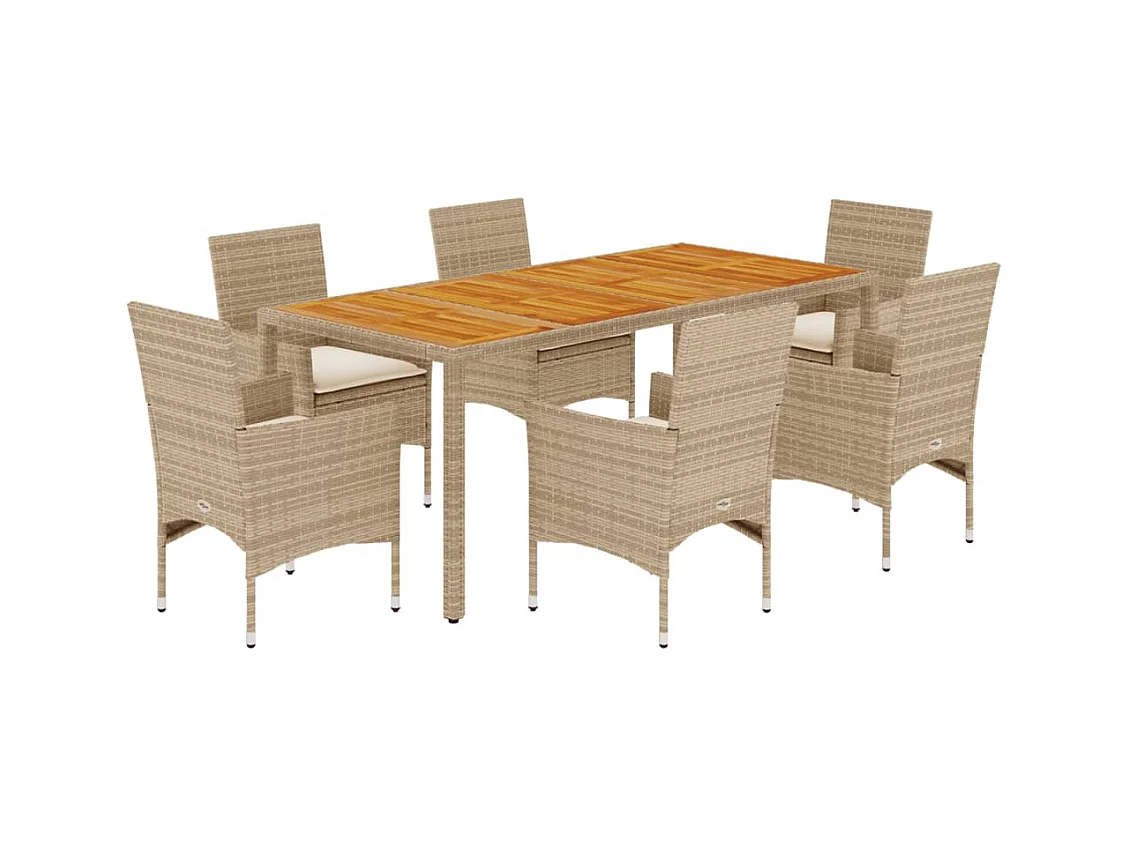 Les Mureaux  Ensemble à manger de jardin et coussins 7pcs beige rotin acacia