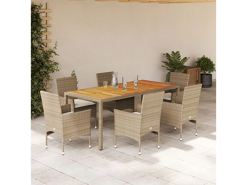 Les Mureaux  Ensemble à manger de jardin et coussins 7pcs beige rotin acacia