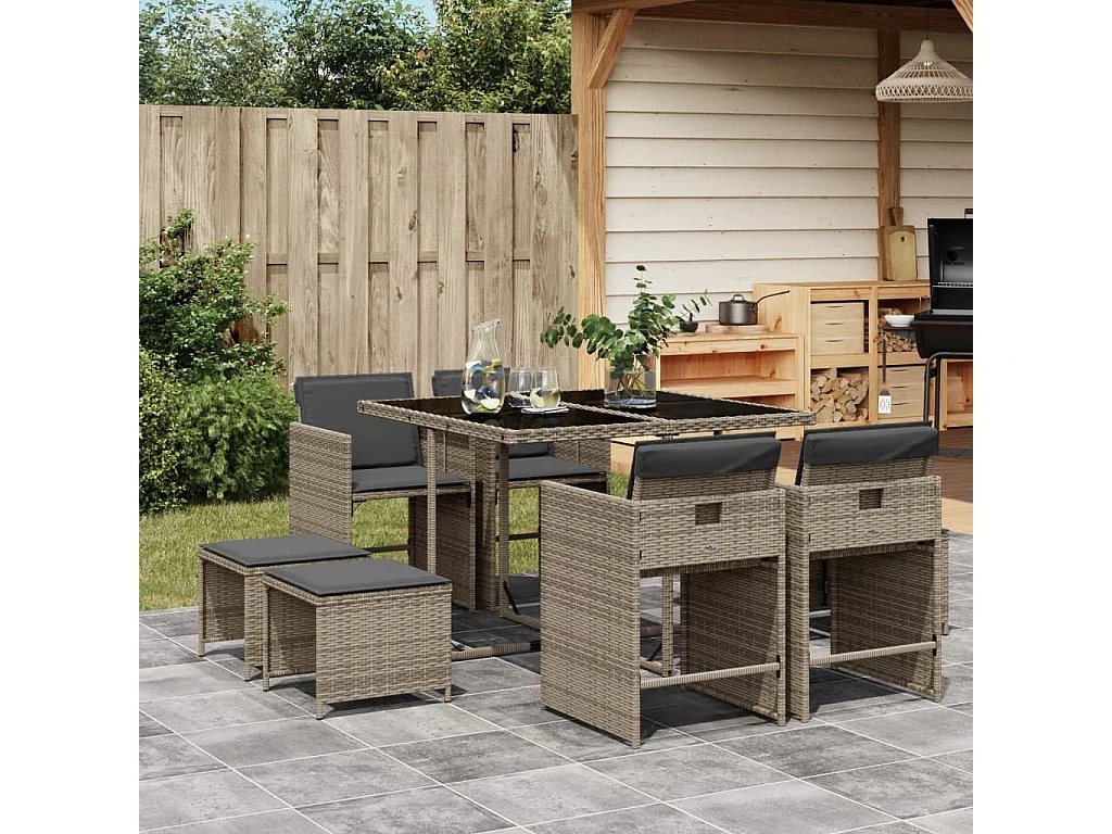 Enfield  Set comedor jardín 9 pzas y cojines ratán sintético gris