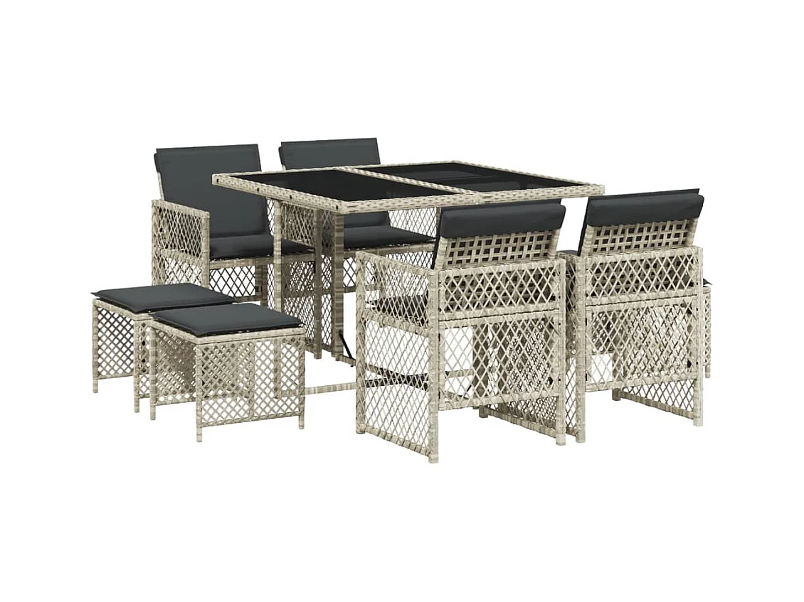 Lubbeek  Ensemble à manger de jardin et coussins 9 pcs gris clair rotin