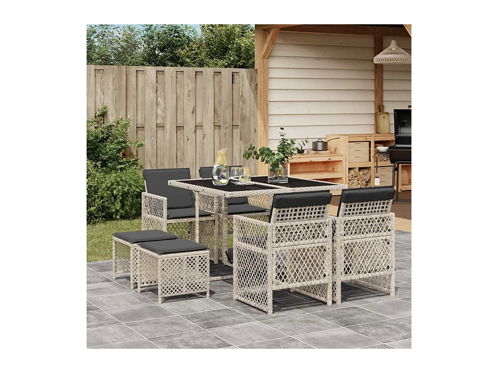 Lubbeek  Ensemble à manger de jardin et coussins 9 pcs gris clair rotin