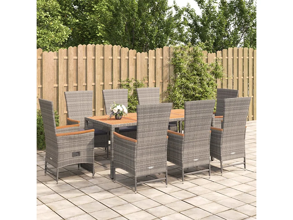 Brunnir  Set comedor jardín 9 pzas y cojines ratán sintético gris