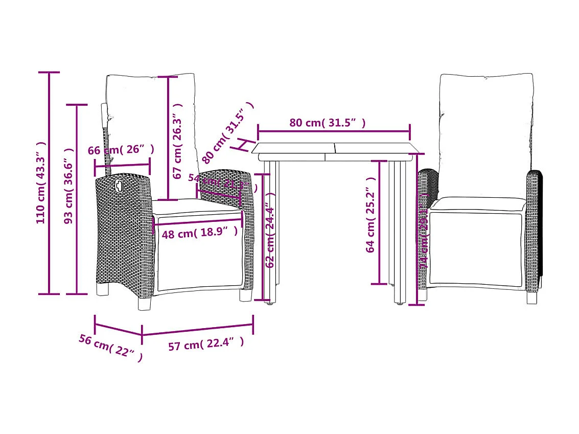 Prolenta Premium -  Ensemble à manger de jardin 3 pcs avec coussins Gris