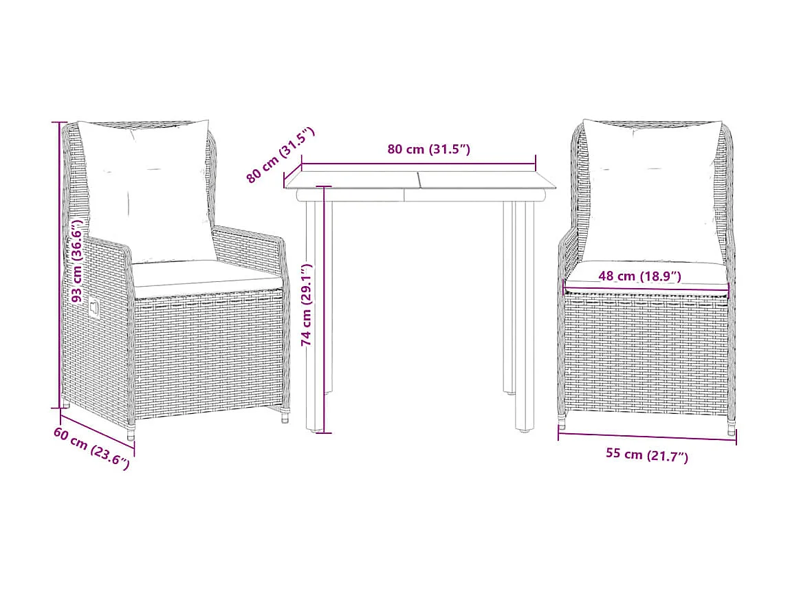 Garden Furniture -  Ensemble à manger de jardin 3pcs coussins gris clair poly rotin