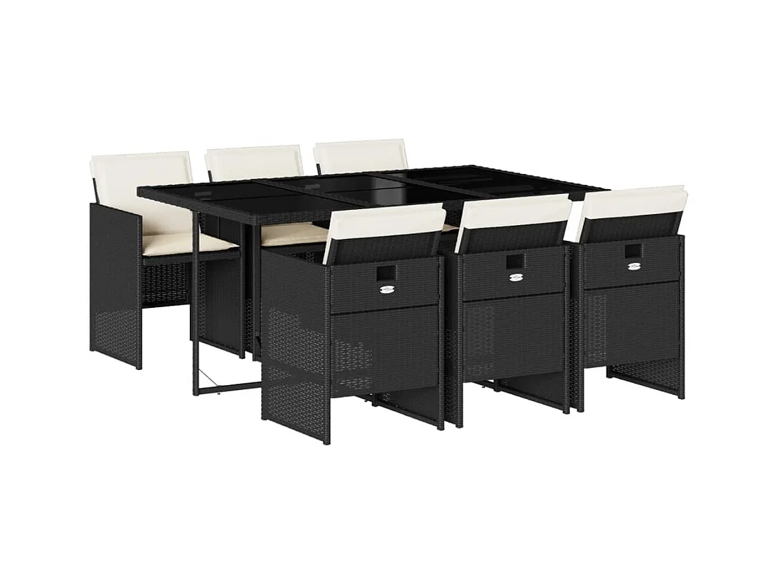 Jesse  Set de comedor de jardín 7 pzas y cojines ratán sintético negro