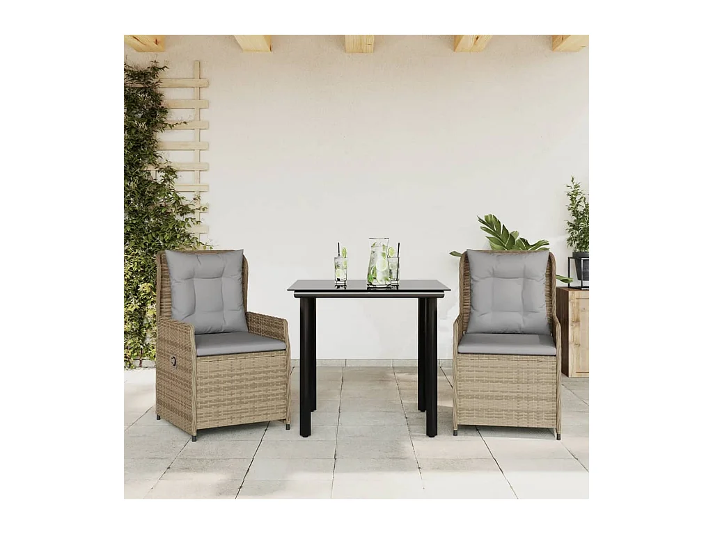 Garden Furniture -  Set comedor de jardín 3 pzas con cojines ratán sintético beige