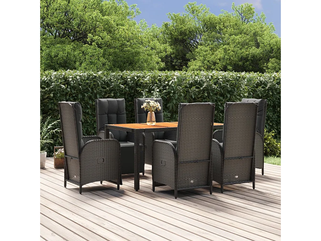 Afragola  Set de comedor de jardín 7 pzas y cojines ratán sintético negro