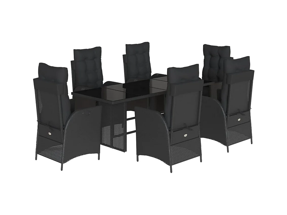 Anselm  Set de comedor de jardín 7 pzas y cojines ratán sintético negro