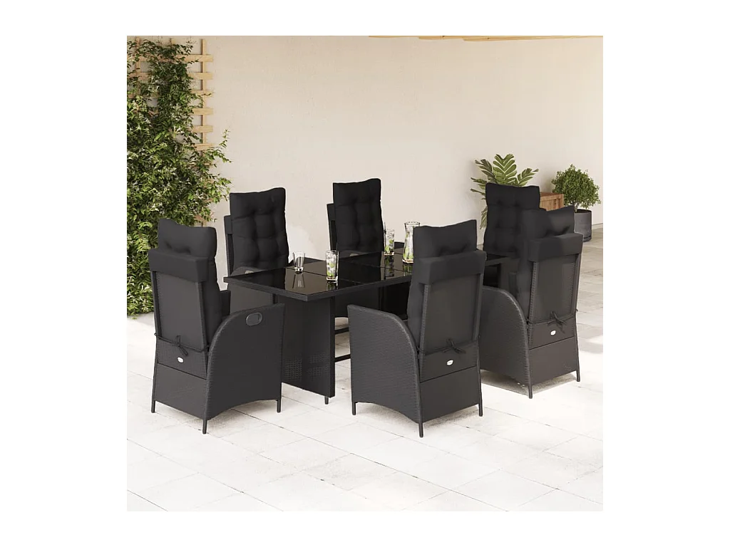 Anselm  Set de comedor de jardín 7 pzas y cojines ratán sintético negro