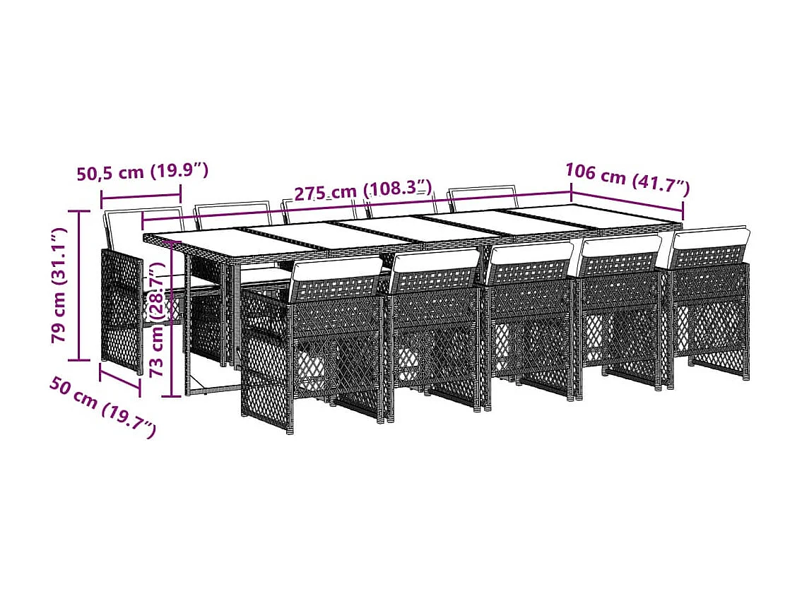 Connersville  Ensemble à manger de jardin 11pcs avec coussins gris poly rotin