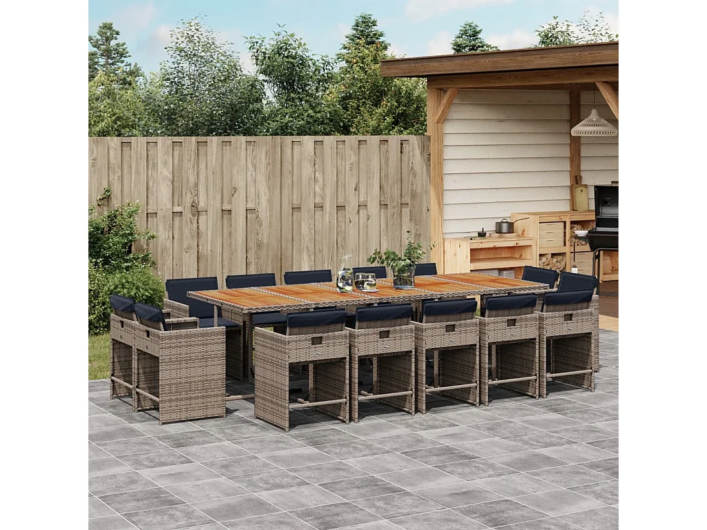 An Daingean  Set comedor de jardín con cojines 15 pzas ratán sintético gris