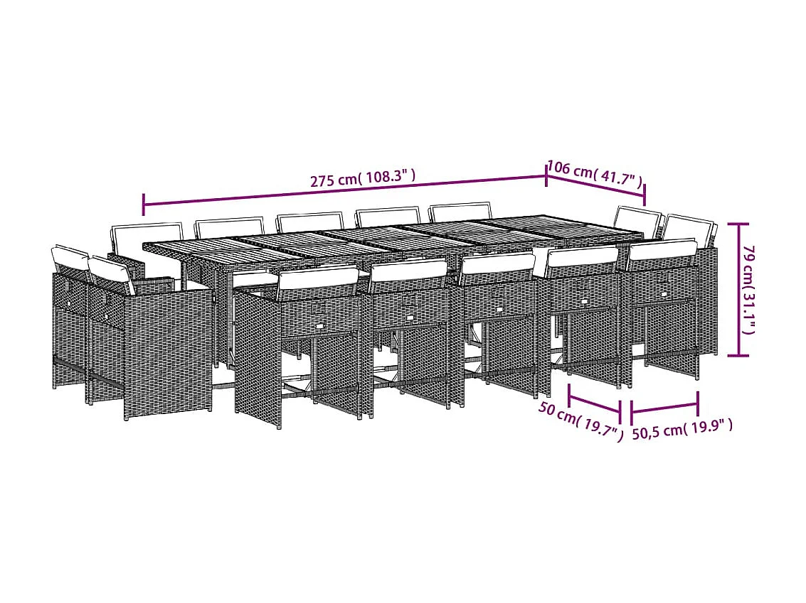 An Daingean  Set comedor de jardín con cojines 15 pzas ratán sintético gris