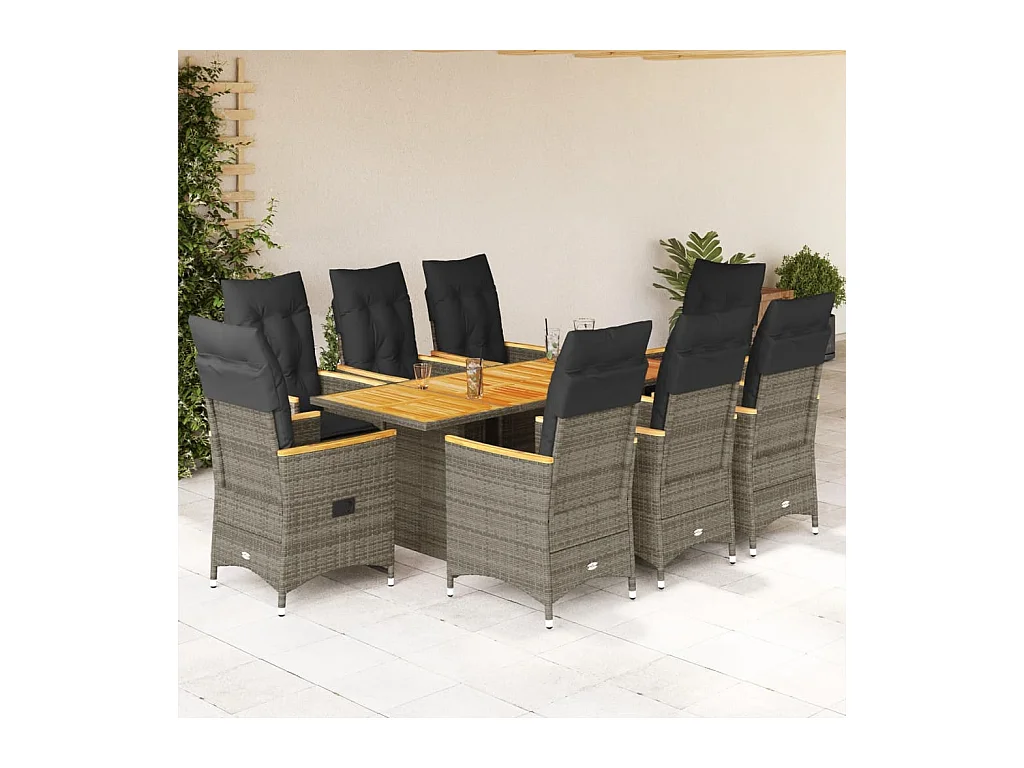 Garden Furniture -  Ensemble à manger de jardin 9 pcs coussins gris résine tressée