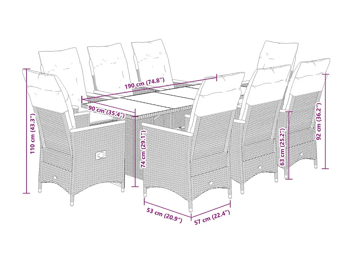 Garden Furniture -  Ensemble à manger de jardin 9 pcs coussins gris résine tressée