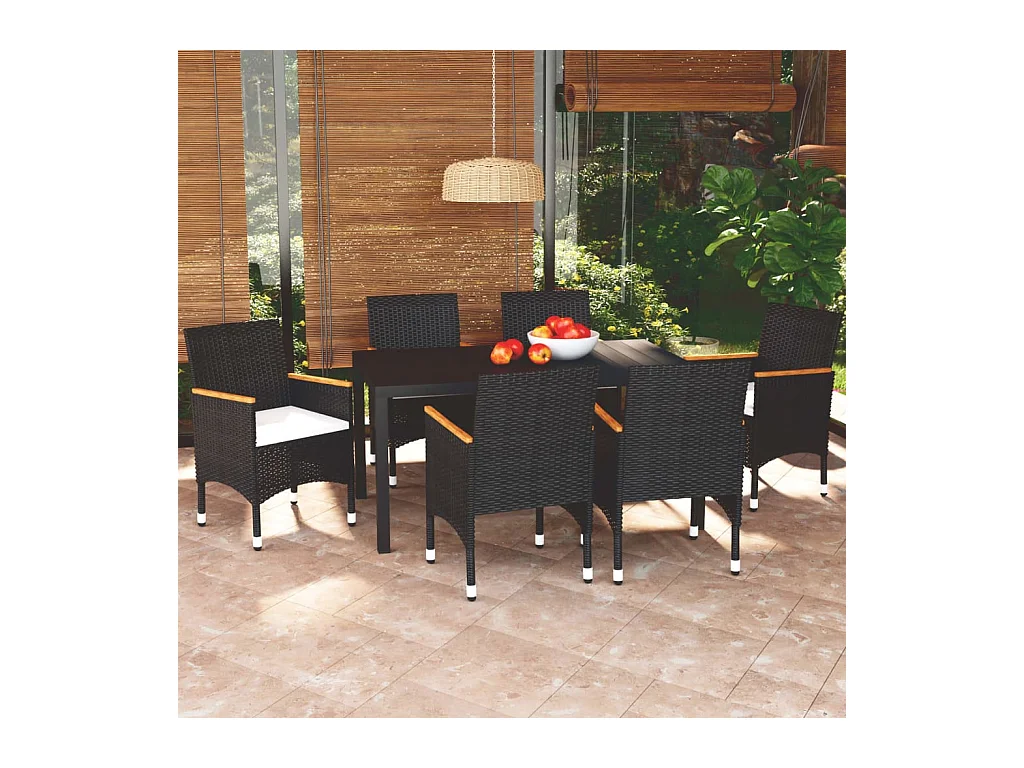 Kelly  Ensemble à manger de jardin coussins 7pcs Résine tressée Noir
