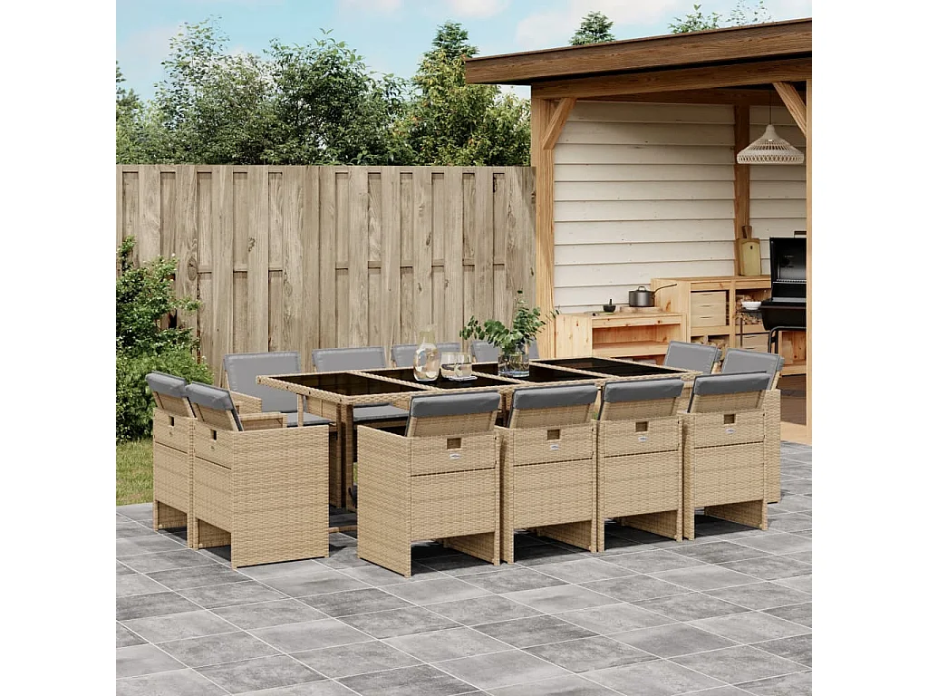 Jeroen  Ensemble à manger de jardin coussins 13 pcs mélange beige rotin