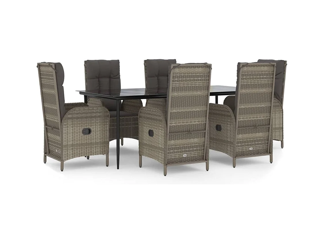 Lochem  Ensemble à manger jardin et coussins 7 pcs Noir et gris Rotin