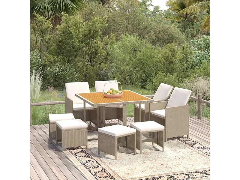 Prolenta Premium -  9-delige Tuinset met kussens poly rattan beige