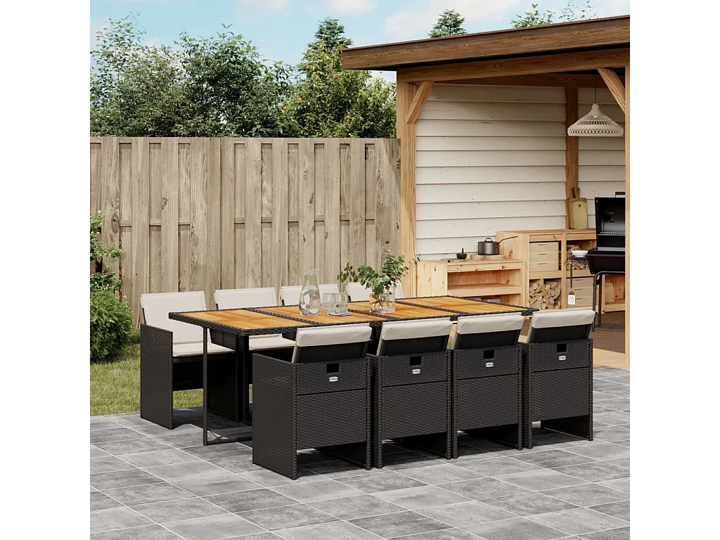 Ljungby  Ensemble à manger de jardin 9pcs coussins noir résine tressée