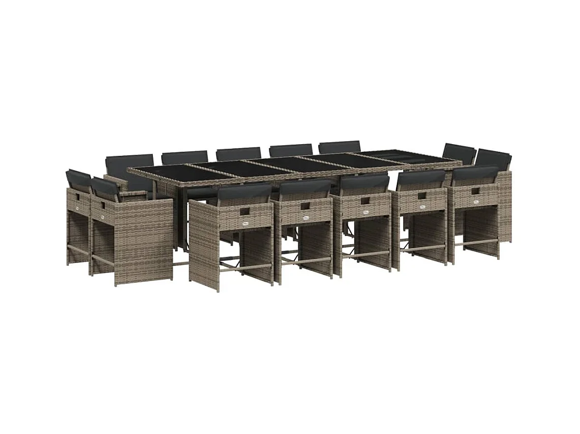 An Daingean  Set comedor de jardín con cojines 15 pzas ratán sintético gris
