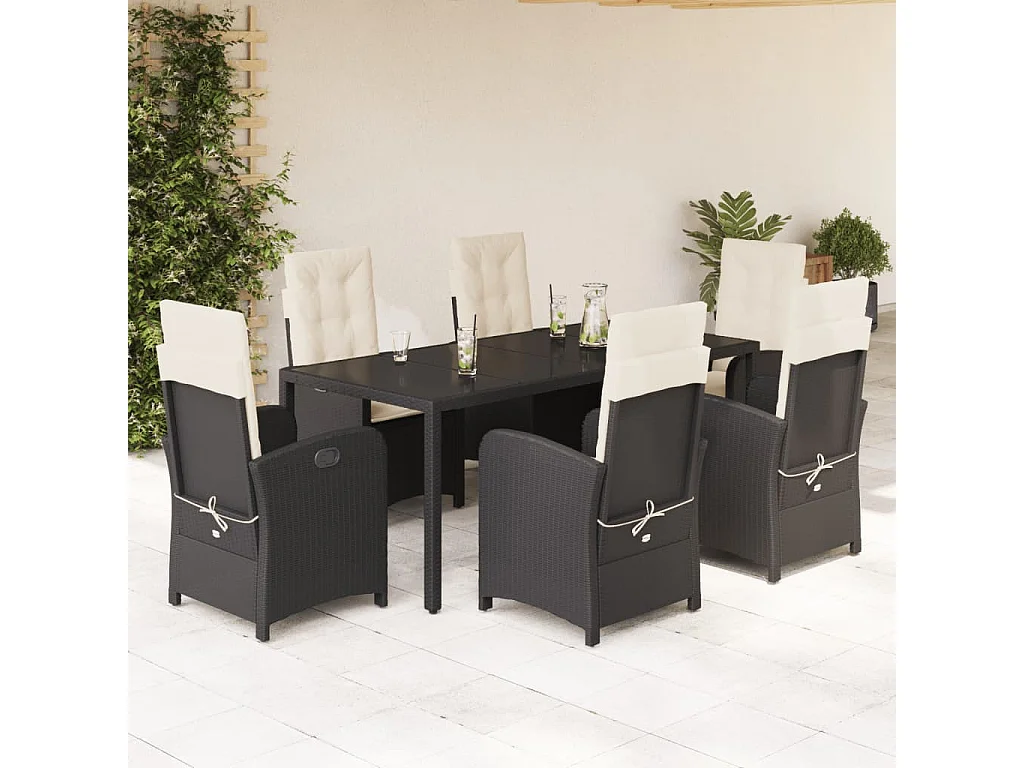 Vinkel  Ensemble à manger de jardin coussins 7pcs Noir Résine tressée
