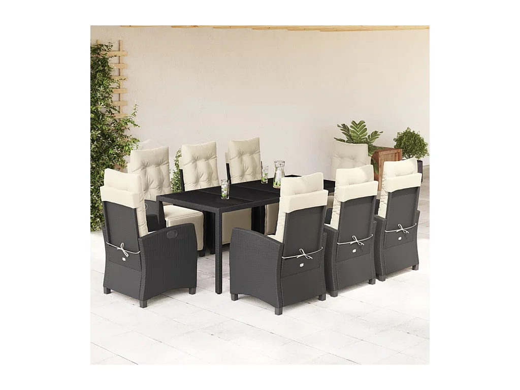 Vrikja  Ensemble à manger de jardin 9pcs coussins noir résine tressée