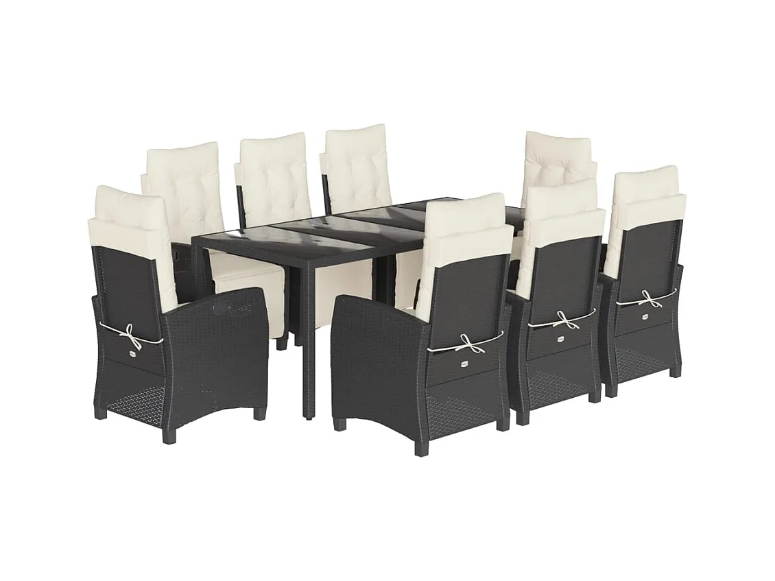 Vrikja  Set de comedor de jardín 9 pzas y cojines ratán sintético negro
