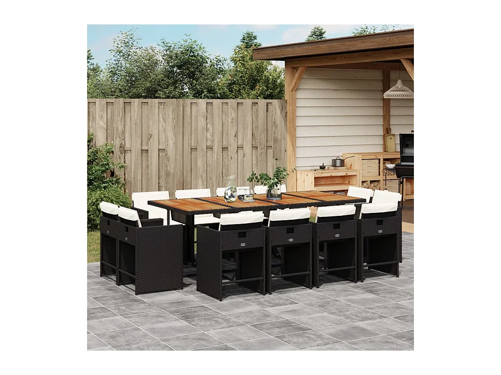 An Daingean  Set comedor de jardín con cojines 13 pzas ratán sintético negro