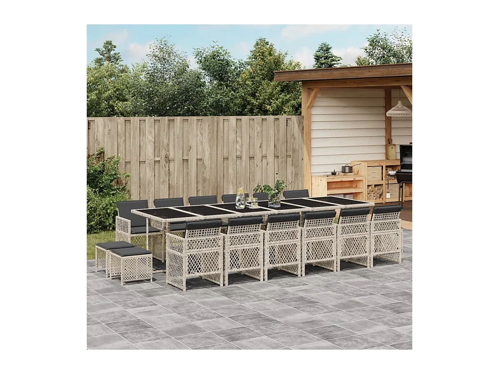Lubbeek  Ensemble à manger de jardin et coussins 17 pcs gris clair rotin