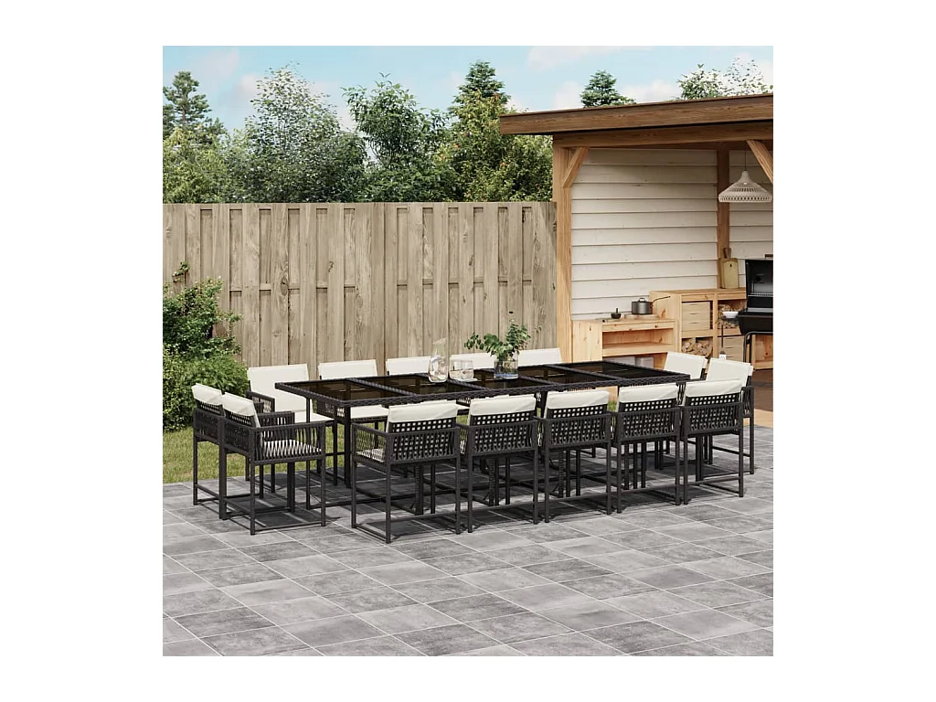 Emilia  Set comedor de jardín con cojines 15 pzas ratán sintético negro