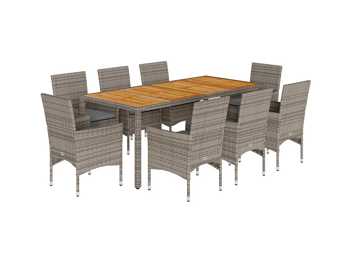 Les Mureaux  Set de comedor jardín 9 pzas con cojines ratán PE acacia gris