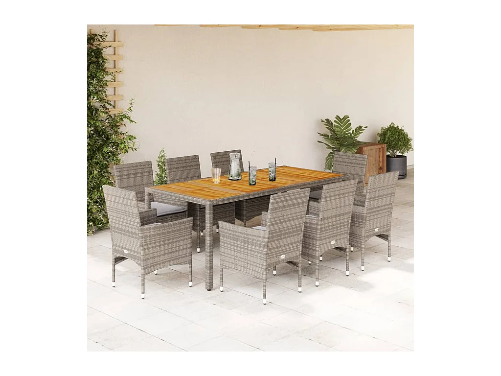 Les Mureaux  Set de comedor jardín 9 pzas con cojines ratán PE acacia gris