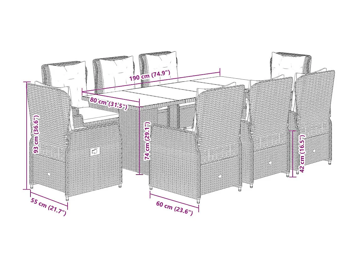 Zion  9-delige Tuinset met kussens poly rattan bruin