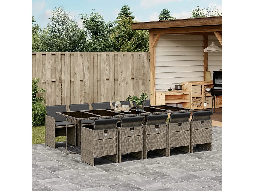 Ljungby  Ensemble à manger de jardin 11pcs avec coussins gris poly rotin